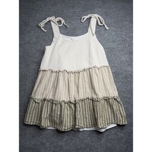 Mine Women's Green/Beige Tiered Ruffle Tie Strap Dress Color Block Striped L